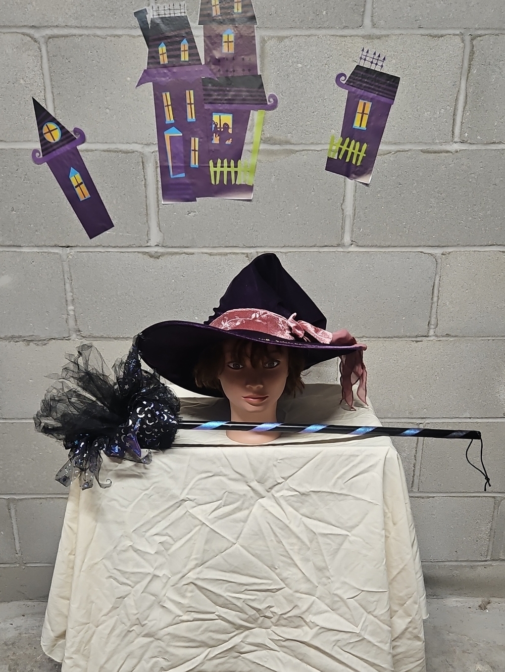 Disney Purple Witch Hat with Pink Ribbon and Black Tulle Wand